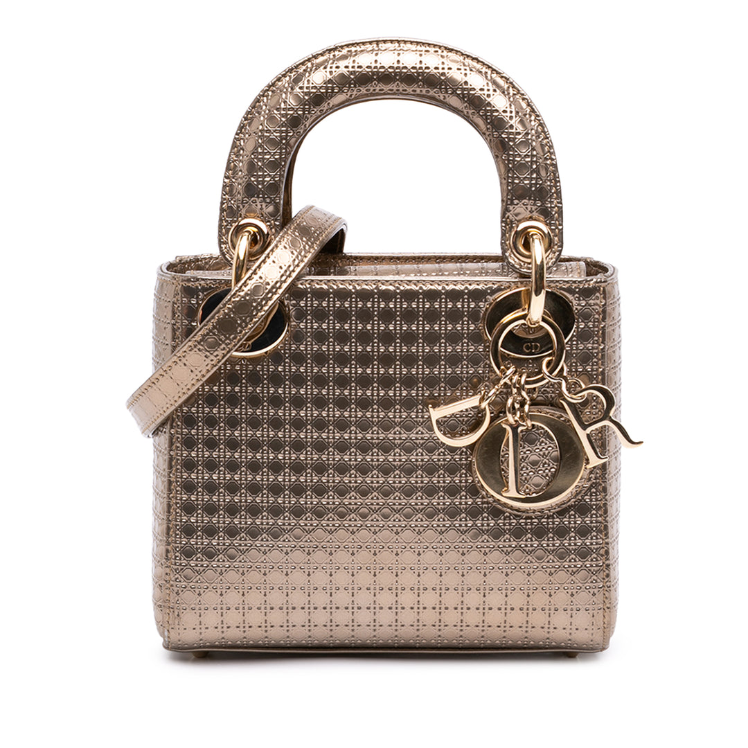 Métallisé Microcannage Lady Dior Mini Doré