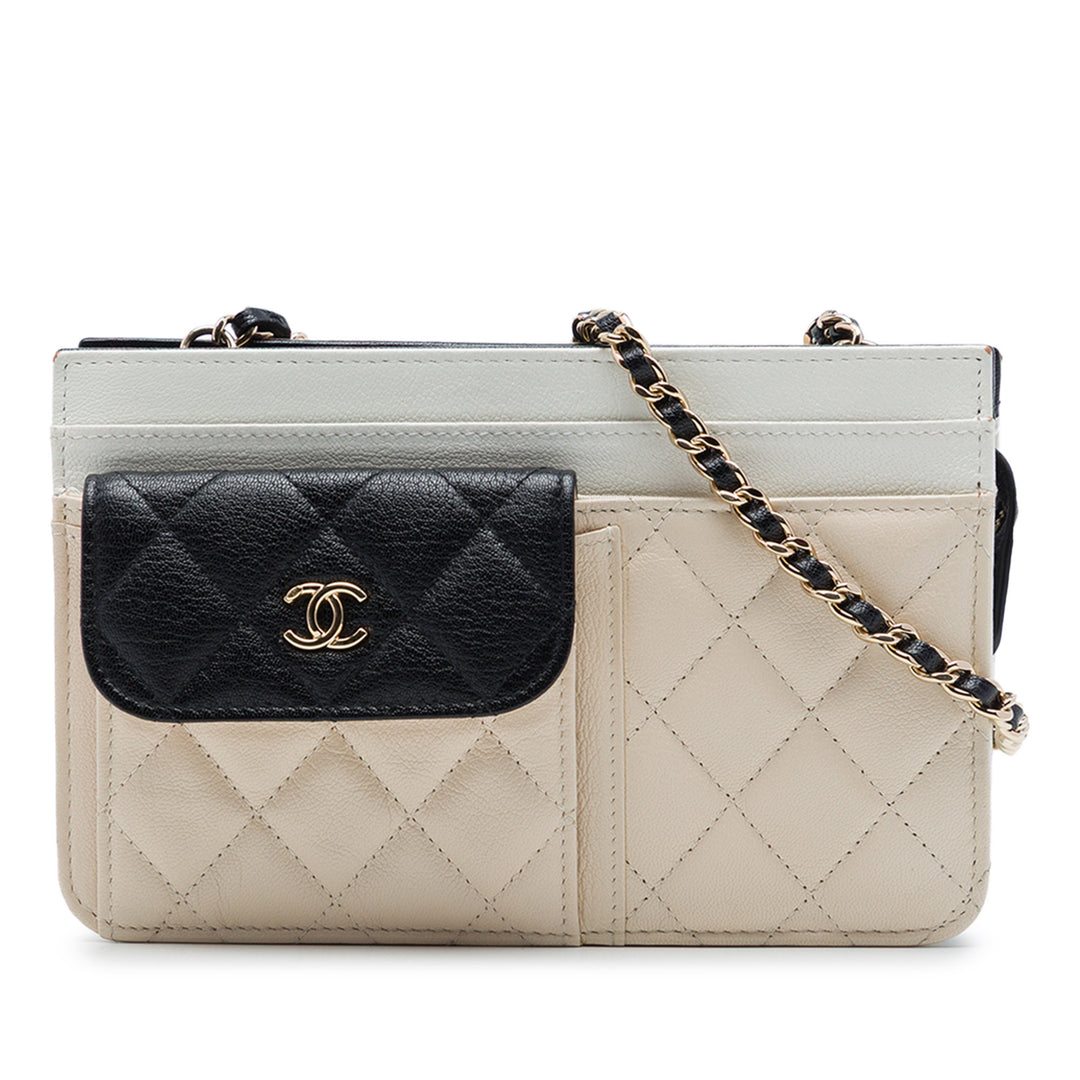 CC Tricolore Matelassé Multi Poche Wallet on Chain Cuir de chèvre Noir
