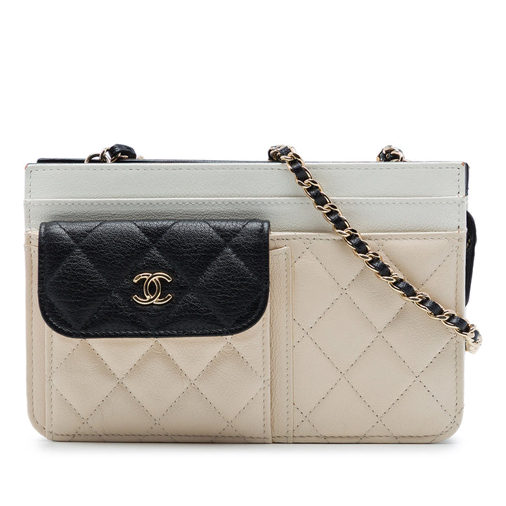 CC Tricolore Matelassé Multi Poche Wallet on Chain Cuir de chèvre Noir