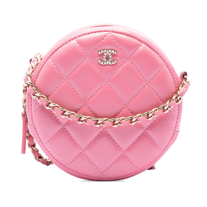 Chanel Matelassé Rond Perle Pochette avec chaîne Cuir d'agneau Rose