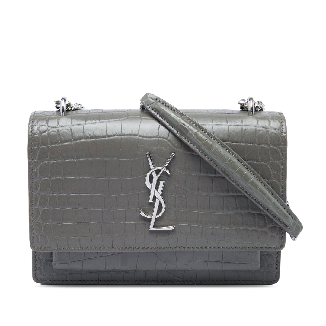 Saint Laurent Croc embossé Sunset Wallet on Chain Mini Gris – vue principale – GABY PARIS