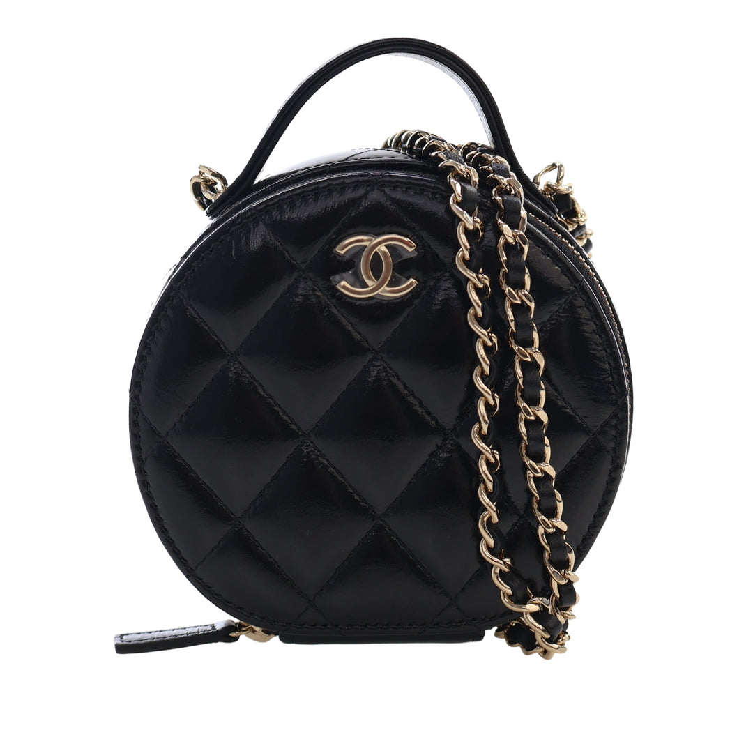 Chanel Matelassé Glazed Cuir d’agneau Handle With Care Rond Vanity avec chaîne