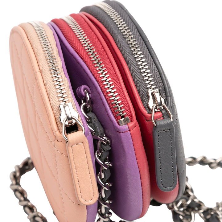Chanel CC Matelassé Cuir d’agneau Triple Zip Rond Pochette avec chaîne