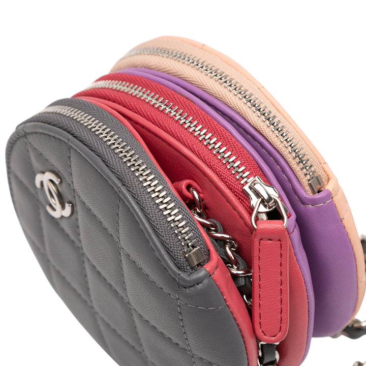 Chanel CC Matelassé Cuir d’agneau Triple Zip Rond Pochette avec chaîne