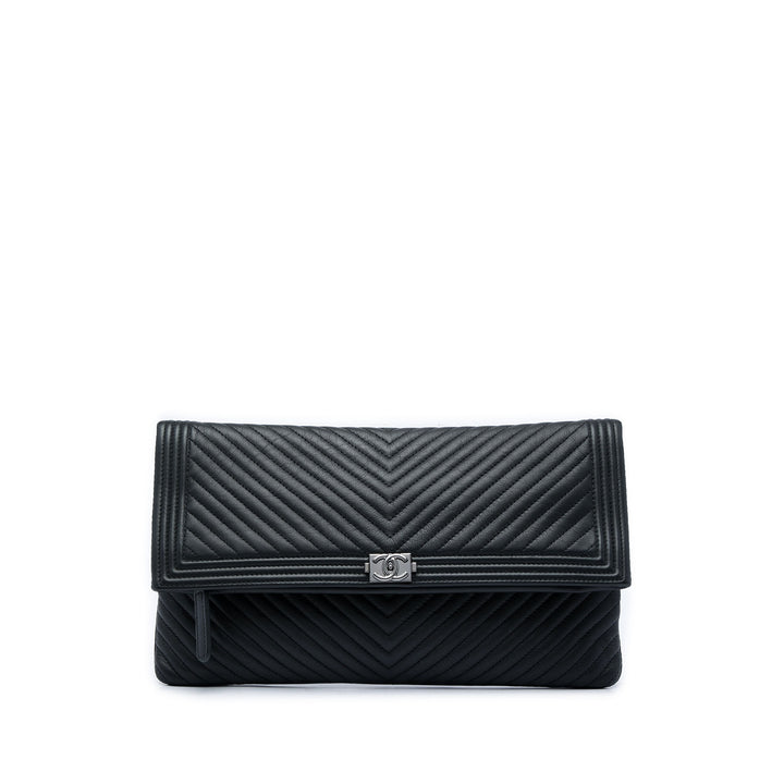 Chevron CC Beauty Boy Foldover Pochette Cuir de veau Noir