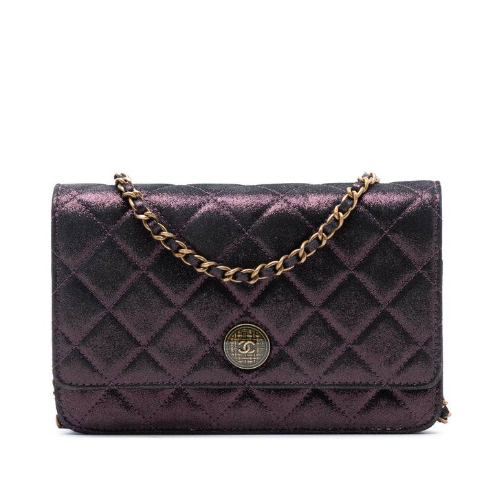 Chanel Matelassé Iridescent Cuir d’agneau Tartan Button Wallet on Chain