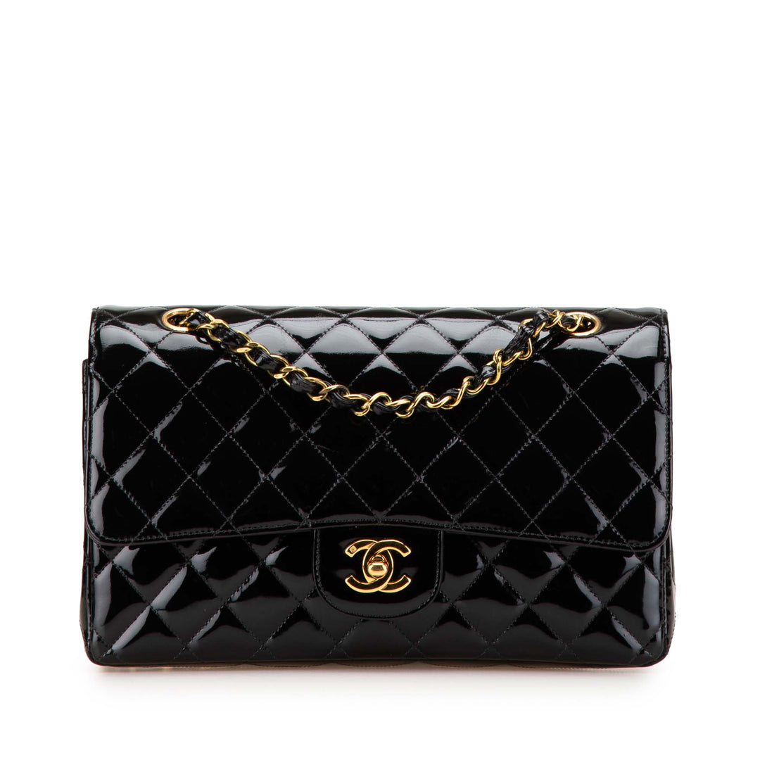 Medium Classic Patent Double Flap Black - Gaby Paris