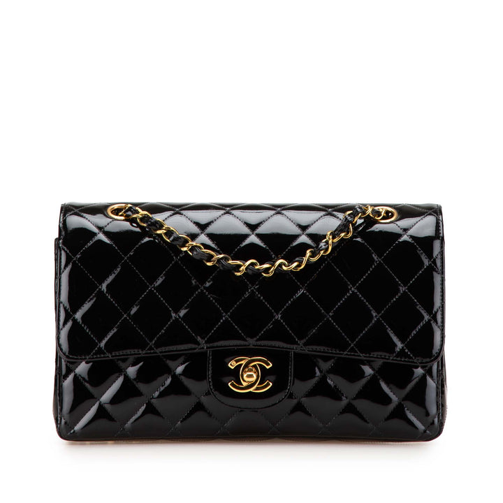 Medium Classic Patent Double Flap Black - Gaby Paris
