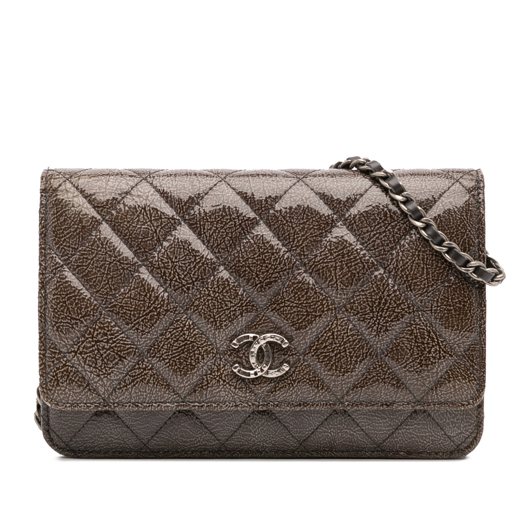 CC Quilted Shiny Crumpled Calfskin Wallet on Chain Brown - Gaby Paris