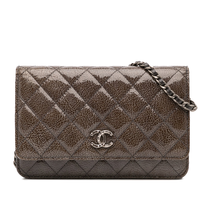 CC Quilted Shiny Crumpled Calfskin Wallet on Chain Brown - Gaby Paris