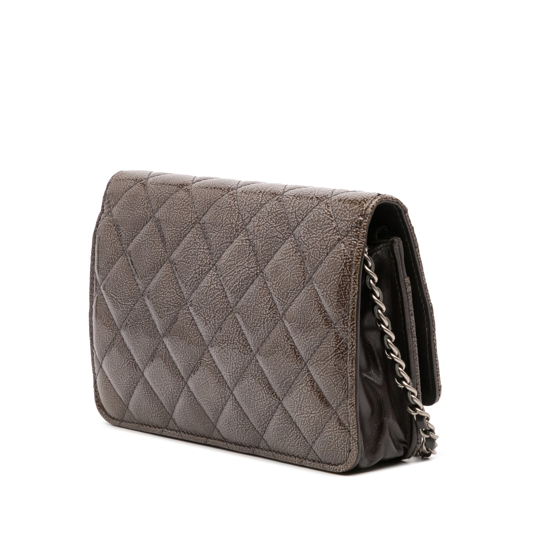 CC Quilted Shiny Crumpled Calfskin Wallet on Chain Brown - Gaby Paris
