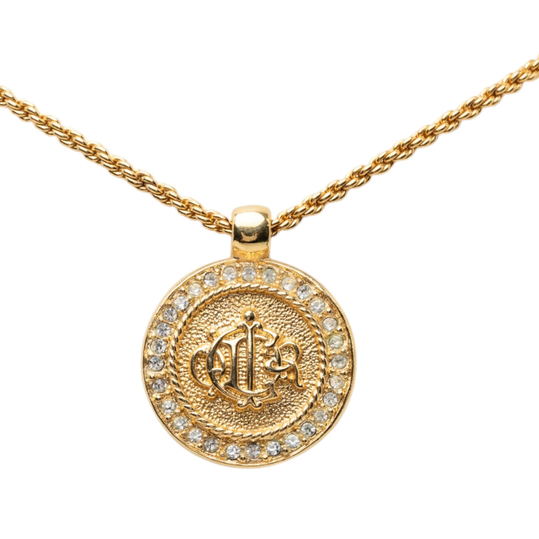 Dior plaqué Strass Logo Medallion Pendant Collier
