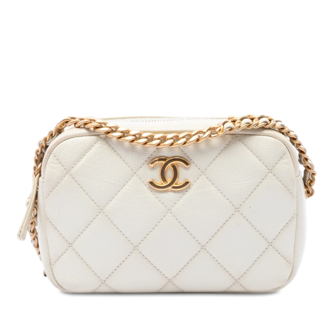 CC Matelassé Melody Chaîne Sac caméra Cuir caviar Blanc