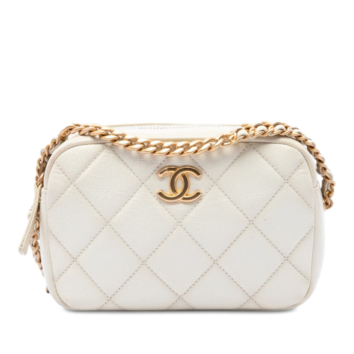 CC Matelassé Melody Chaîne Sac caméra Cuir caviar Blanc