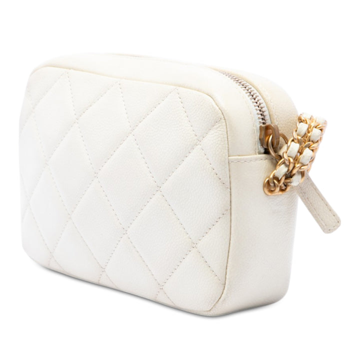 CC Matelassé Melody Chaîne Sac caméra Cuir caviar Blanc