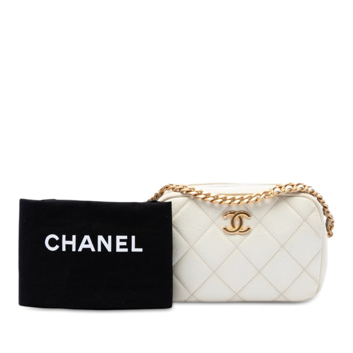 CC Matelassé Melody Chaîne Sac caméra Cuir caviar Blanc
