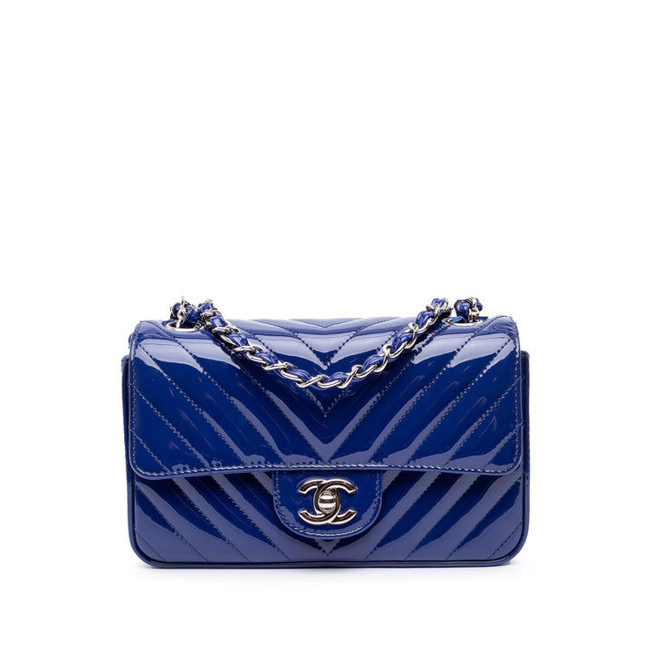 Chanel Mini Rectangular Classic Chevron Cuir verni Simple rabat