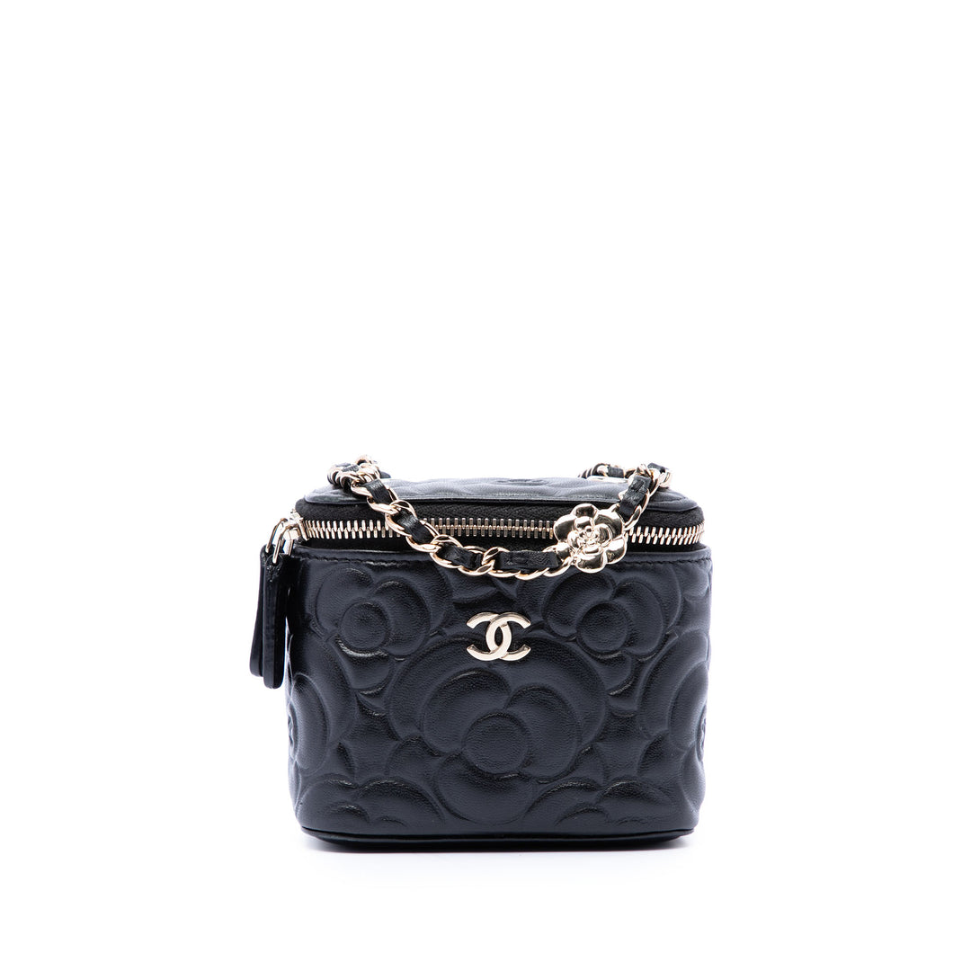 Chanel Mini Camellia embossé Cuir d’agneau Vanity avec chaîne