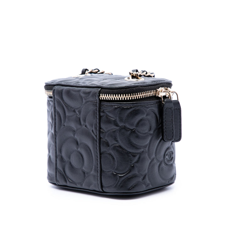 Chanel Mini Camellia embossé Cuir d’agneau Vanity avec chaîne