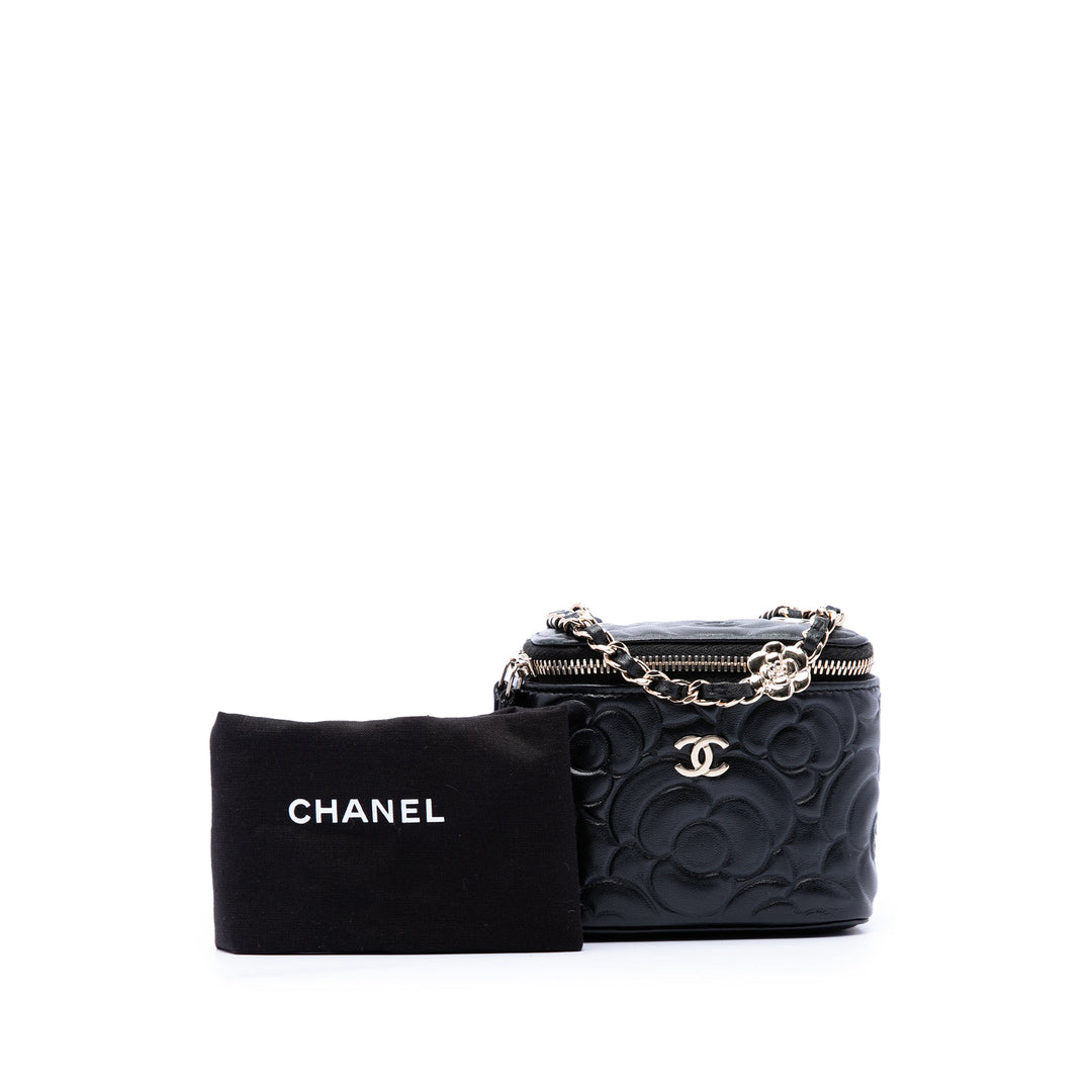 Chanel Mini Camellia embossé Cuir d’agneau Vanity avec chaîne