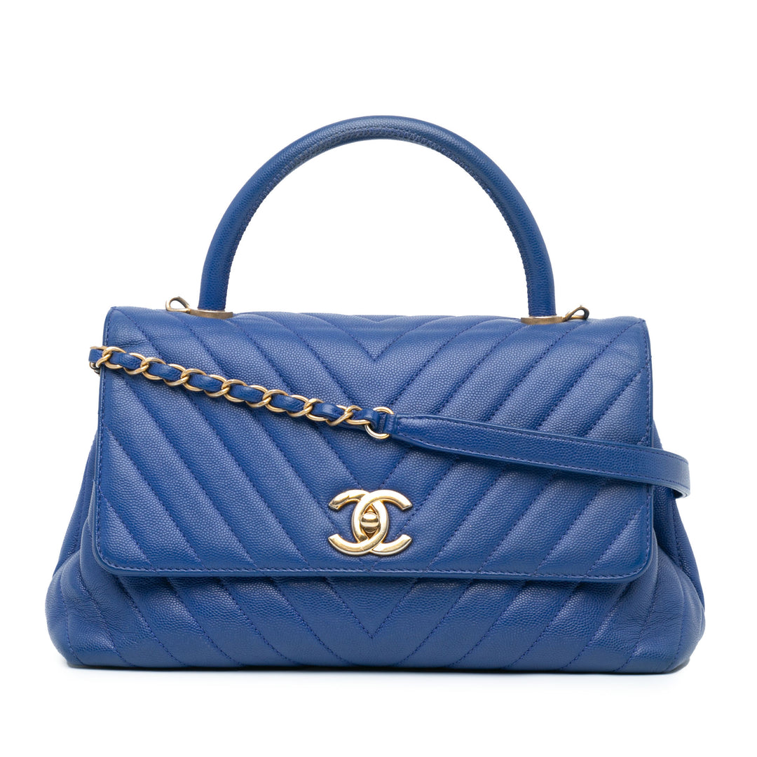 Small Caviar Chevron Coco Top Handle Satchel Blue - Gaby Paris