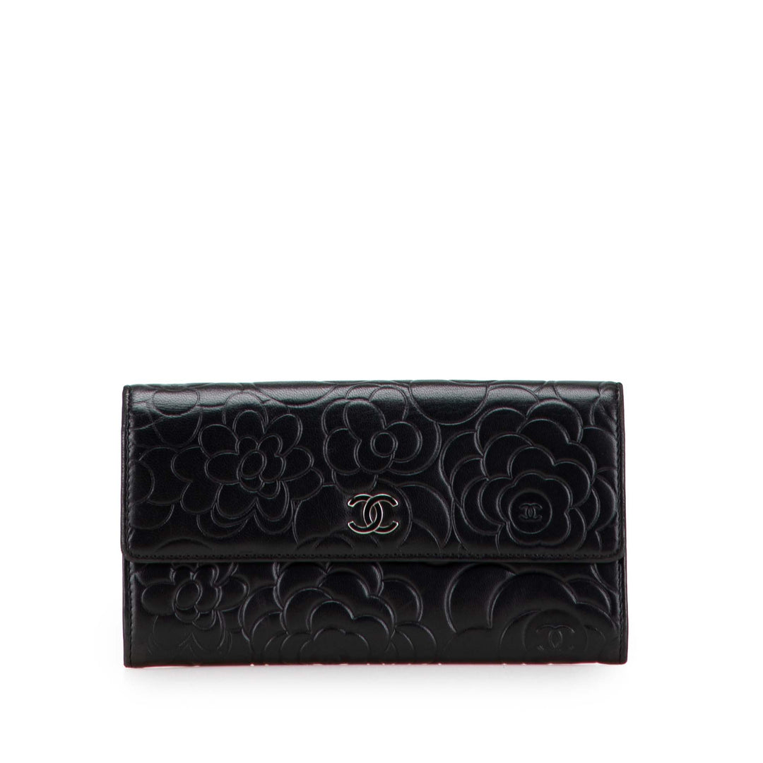 CC Embossed Calfskin Camellia Flap Wallet Black - Gaby Paris