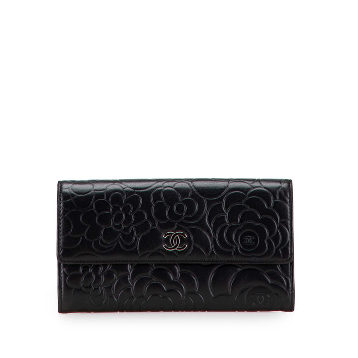 CC Embossed Calfskin Camellia Flap Wallet Black - Gaby Paris