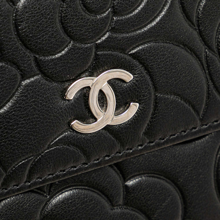 CC Embossed Calfskin Camellia Flap Wallet Black - Gaby Paris