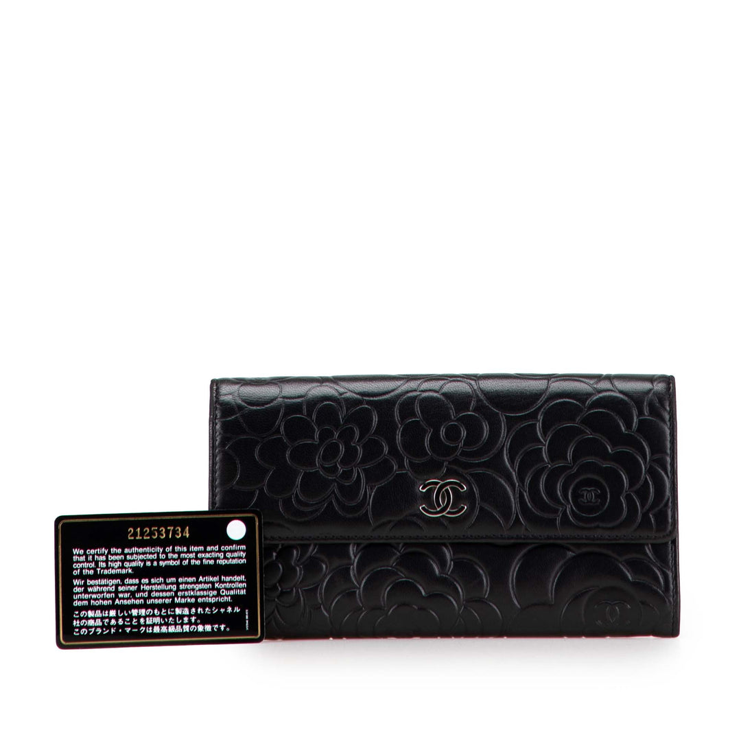 CC Embossed Calfskin Camellia Flap Wallet Black - Gaby Paris
