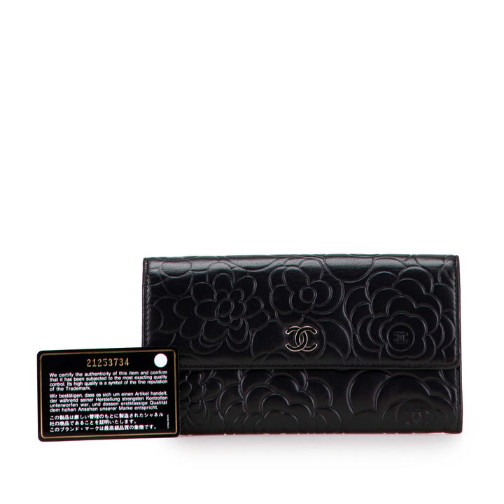 CC Embossed Calfskin Camellia Flap Wallet Black - Gaby Paris