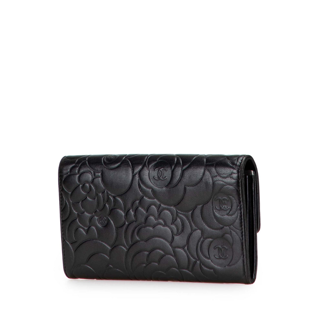 CC Embossed Calfskin Camellia Flap Wallet Black - Gaby Paris