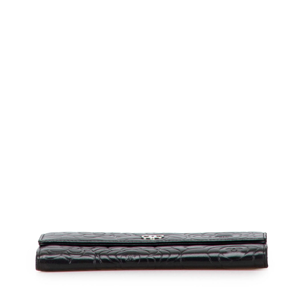CC Embossed Calfskin Camellia Flap Wallet Black - Gaby Paris