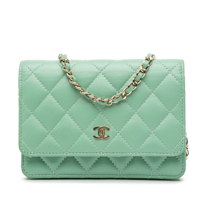 Mini CC Quilted Lambskin Wallet On Chain Green - Gaby Paris