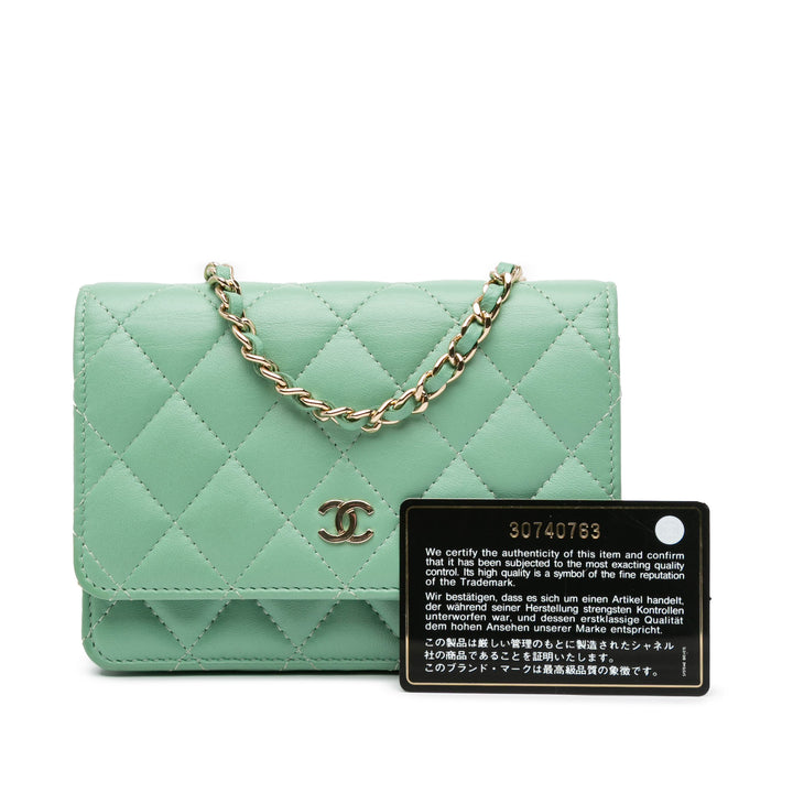 Mini CC Quilted Lambskin Wallet On Chain Green - Gaby Paris