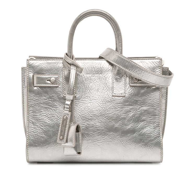 Saint Laurent Nano Métallisé Crinkled Cuir de veau Supple Sac De Jour Sac cartable Argenté