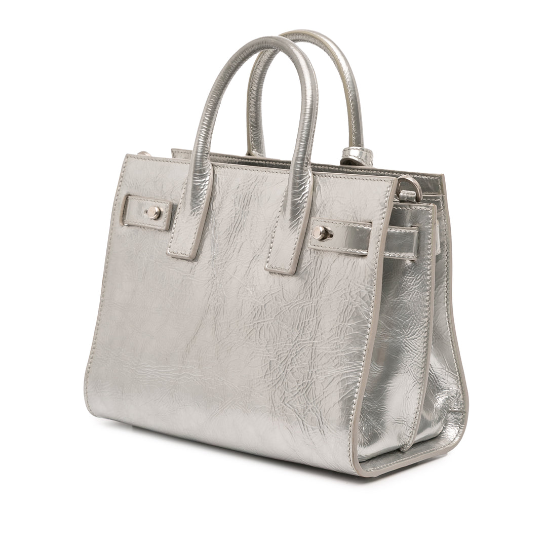 Saint Laurent Nano Métallisé Crinkled Cuir de veau Supple Sac De Jour Sac cartable Argenté