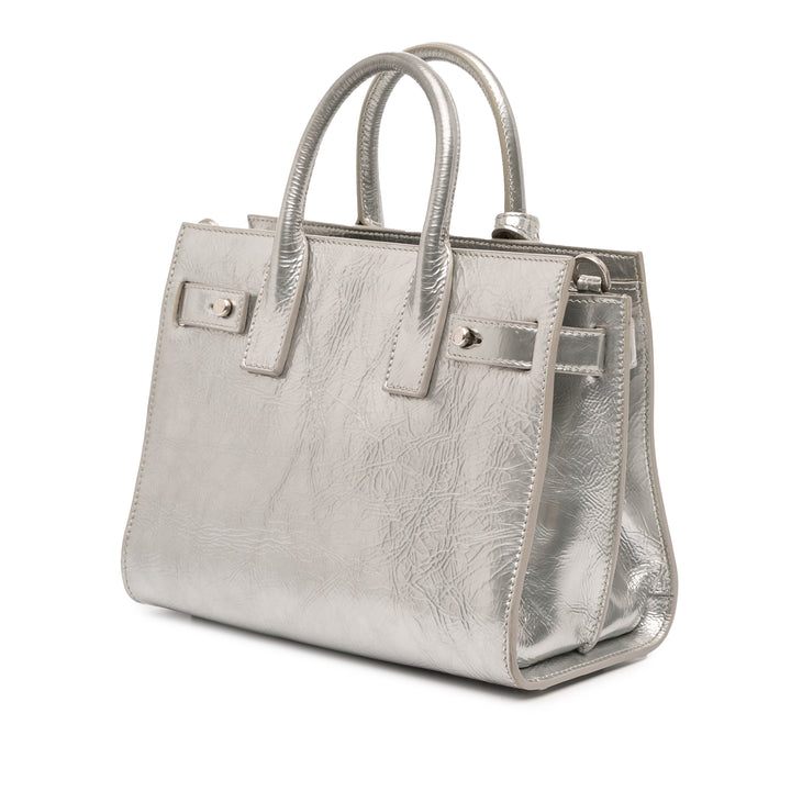 Saint Laurent Nano Métallisé Crinkled Cuir de veau Supple Sac De Jour Sac cartable Argenté