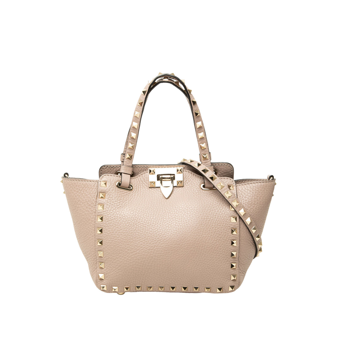 Valentino Sac à main Grainy Rockstud Mini Cuir de veau Marron – vue principale – GABY PARIS