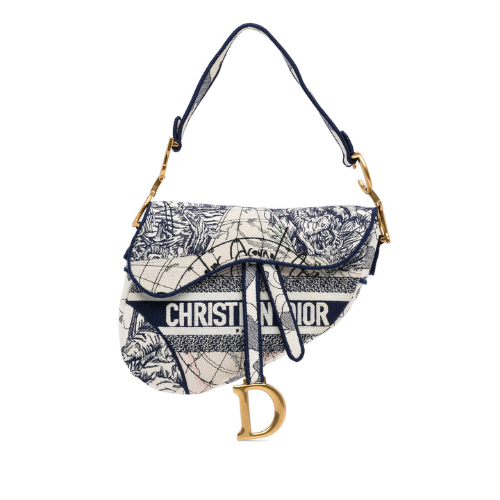 Embroidered Canvas Around The World Saddle Bag Blue - Gaby Paris