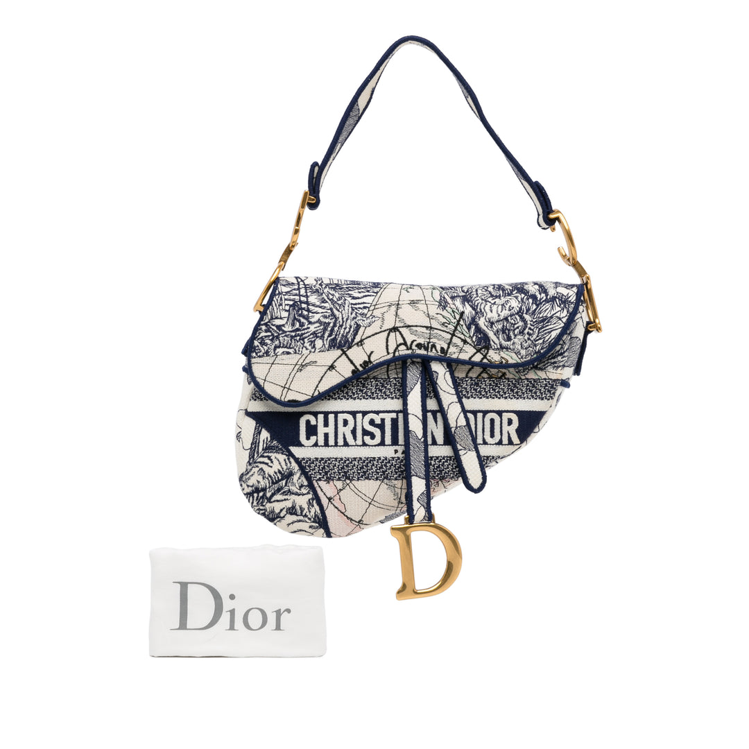 Embroidered Canvas Around The World Saddle Bag Blue - Gaby Paris