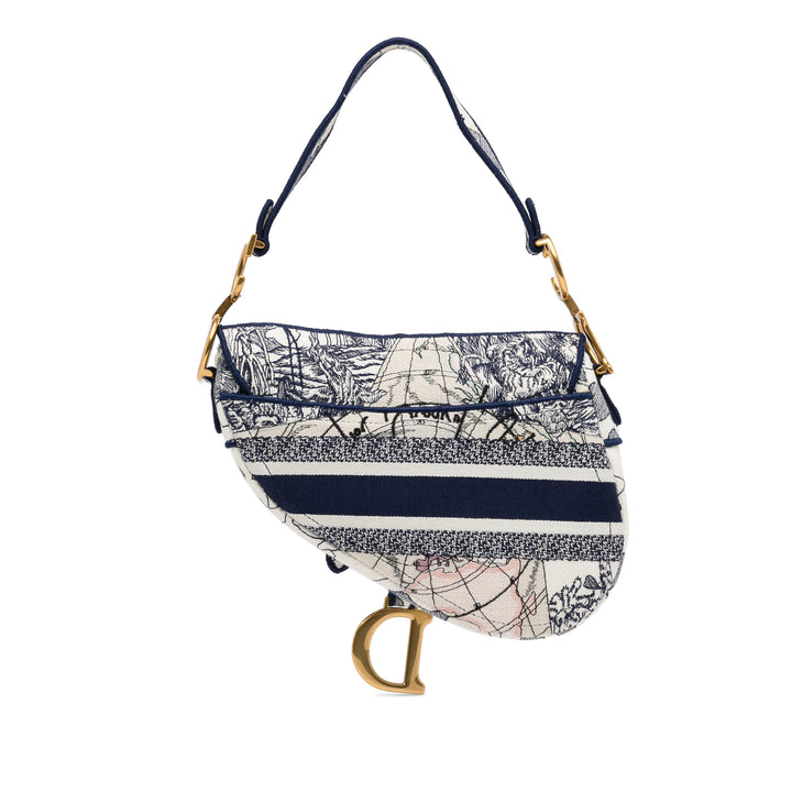 Embroidered Canvas Around The World Saddle Bag Blue - Gaby Paris