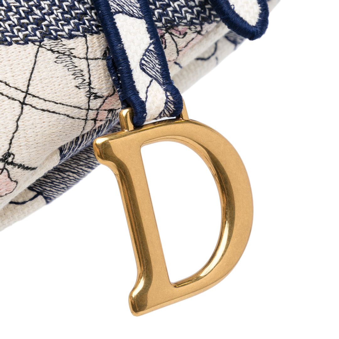 Embroidered Canvas Around The World Saddle Bag Blue - Gaby Paris