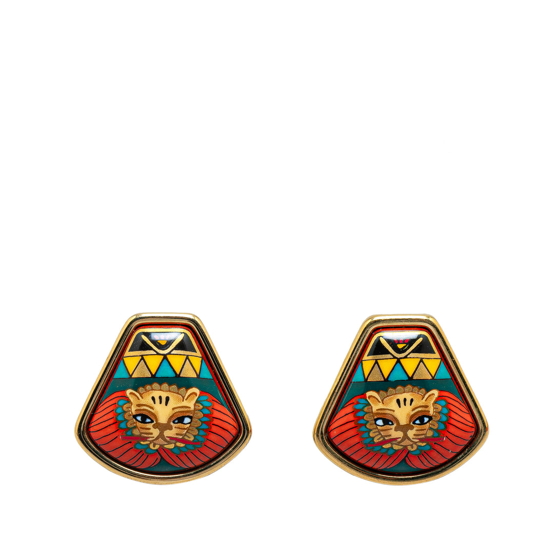 Enamel Lion Head Cloisonne Clip On Earrings Red - Gaby Paris