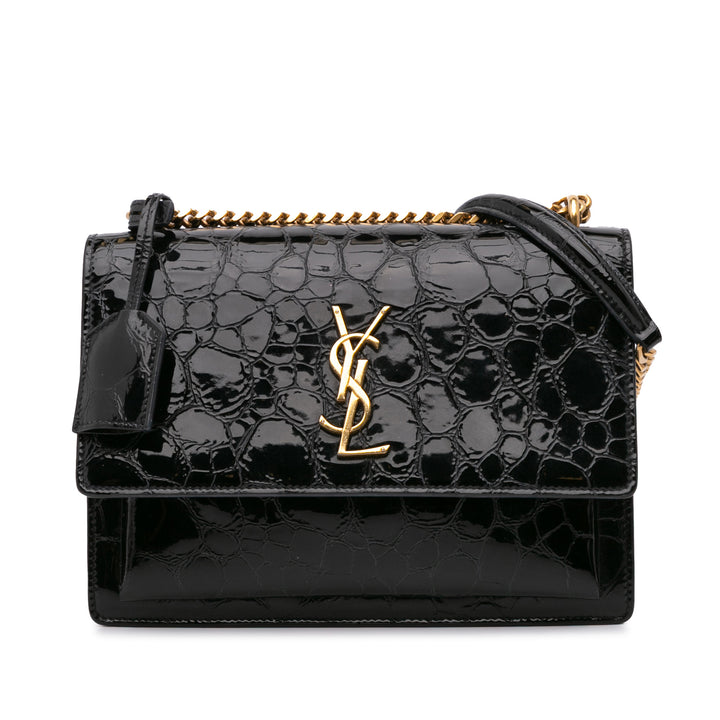 Medium Turtle Embossed Patent Monogram Sunset Bag Black - Gaby Paris