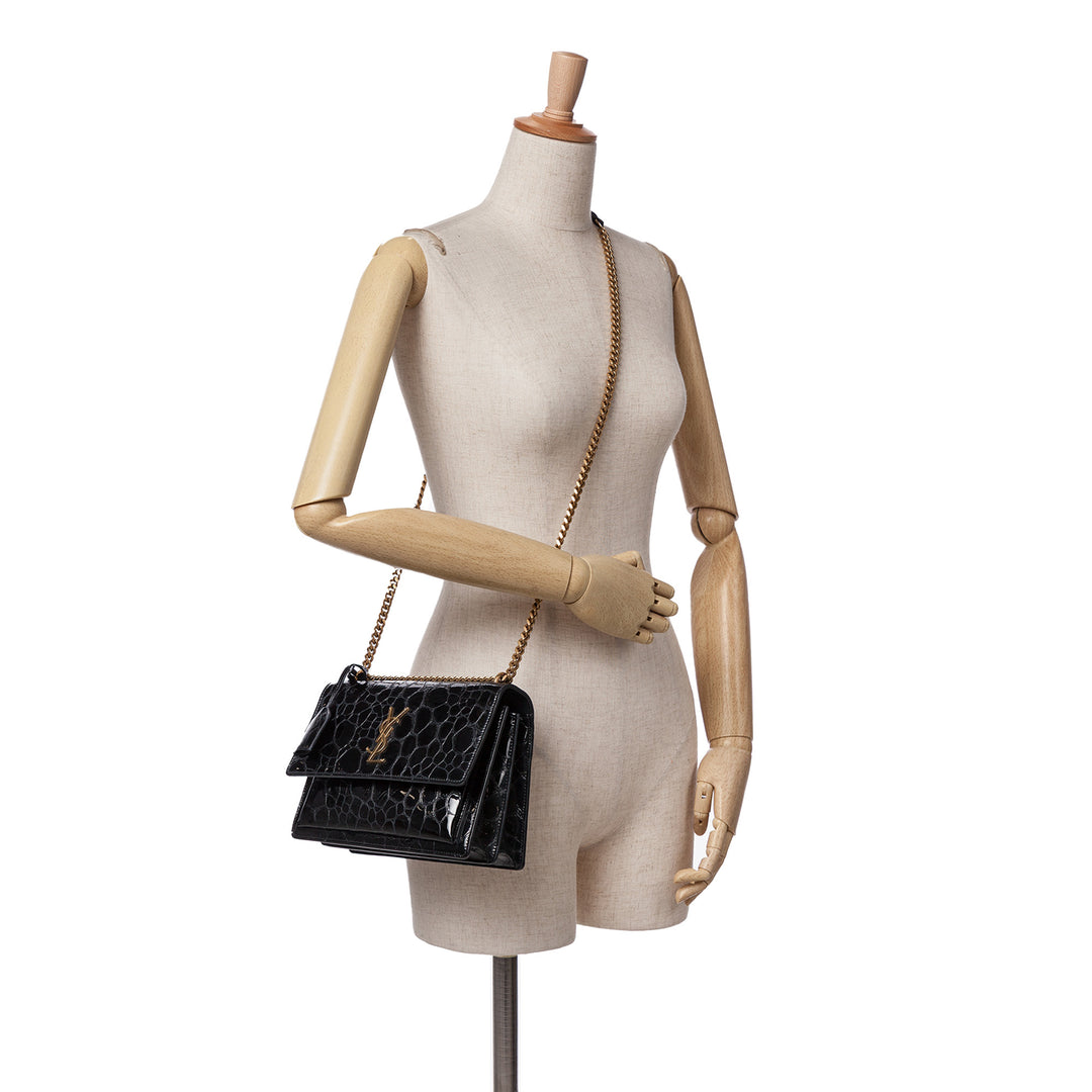 Medium Turtle Embossed Patent Monogram Sunset Bag Black - Gaby Paris