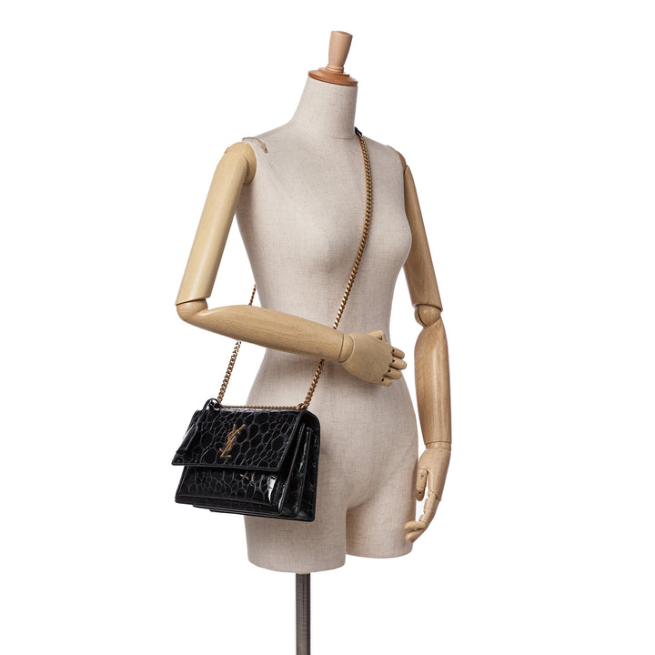 Medium Turtle Embossed Patent Monogram Sunset Bag Black - Gaby Paris