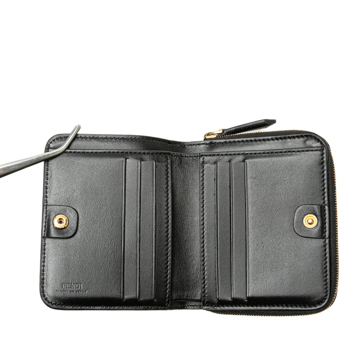 F Is Fendi Leather Zip Around Bifold Compact Wallet Black - Gaby Paris