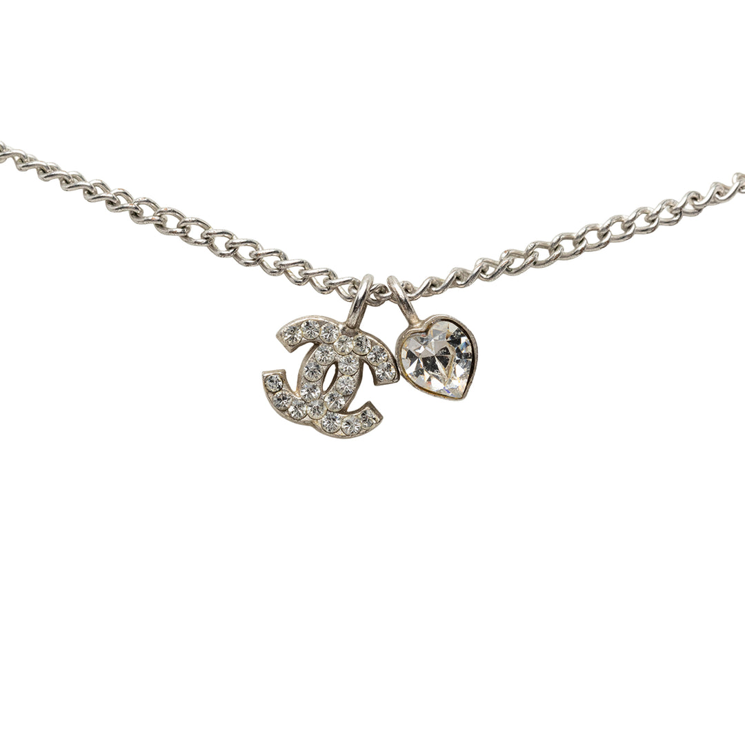 CC Brass et Strass Heart Pendant Collier Mini Argenté
