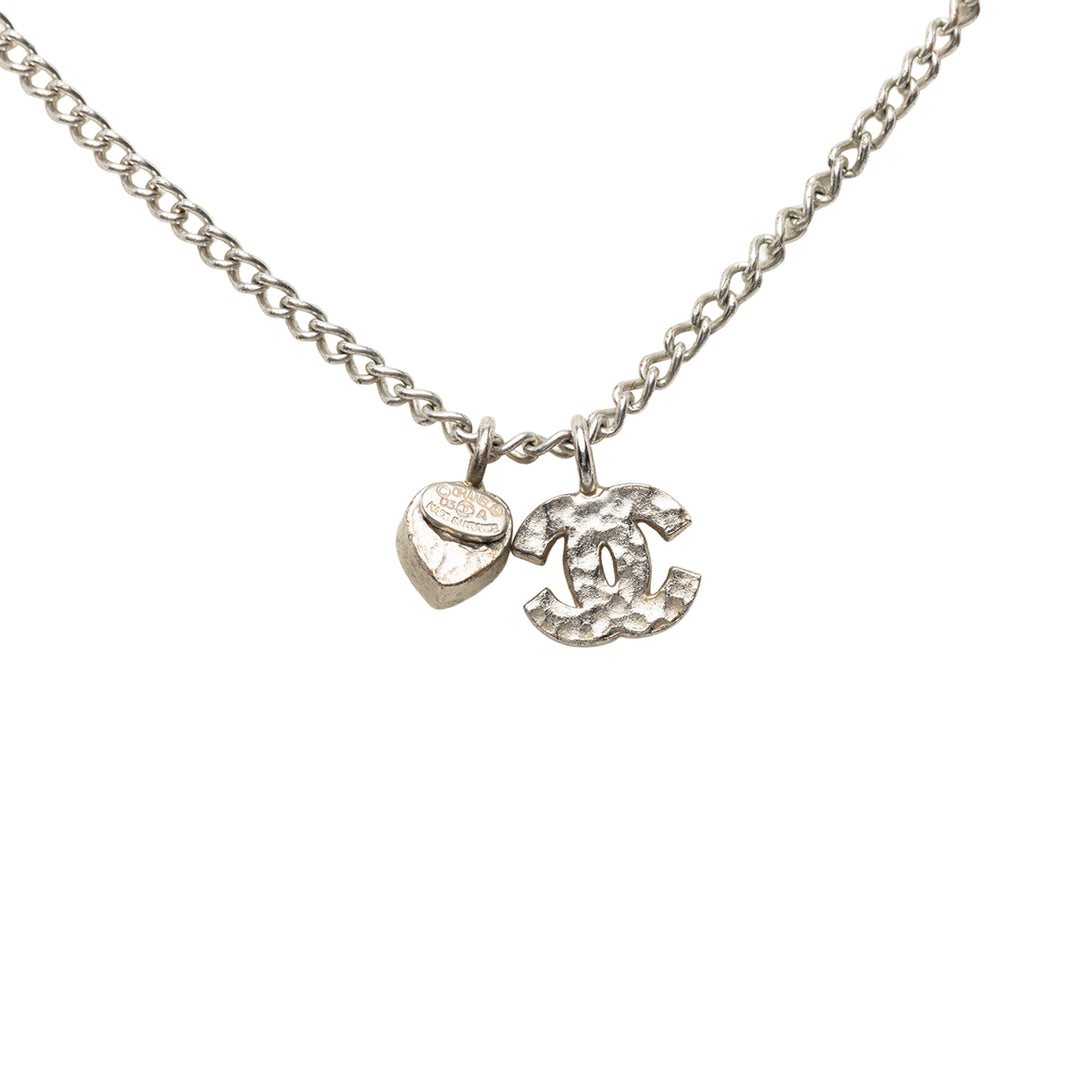 CC Brass et Strass Heart Pendant Collier Mini Argenté