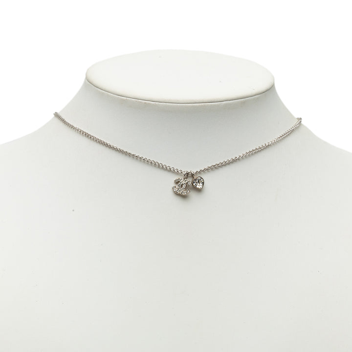 CC Brass et Strass Heart Pendant Collier Mini Argenté